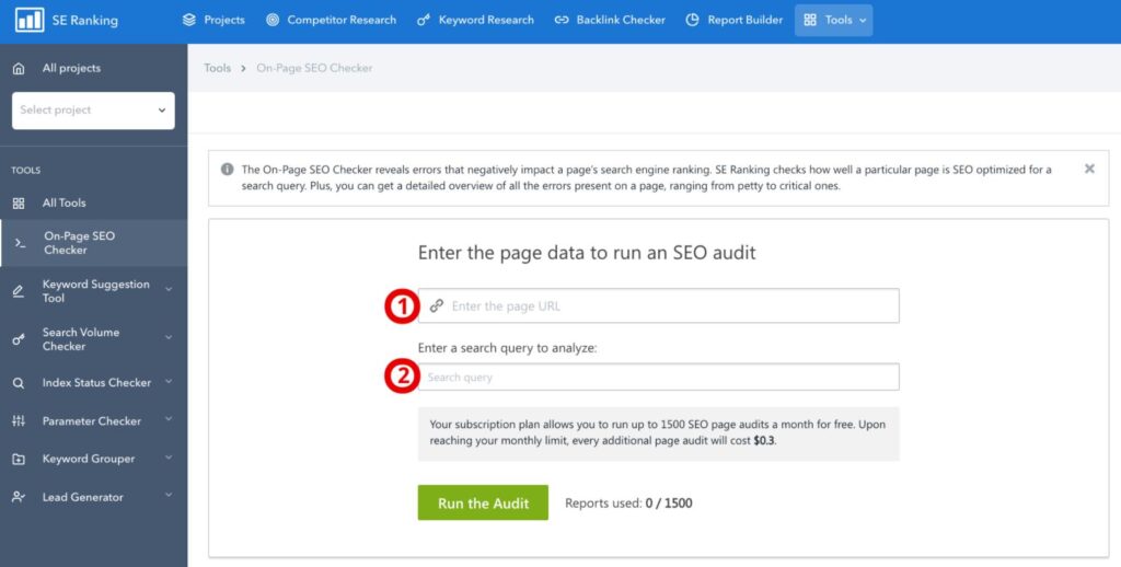 se ranking How to run the On-Page SEO Checker